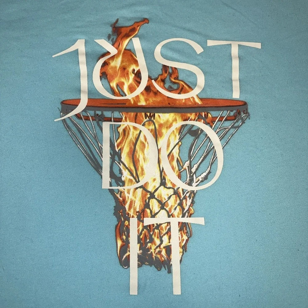 Nike Fly Just Do It T Shirt Women's Sz L Blue Dri-Fit Flaming Net Tee DM2569-482